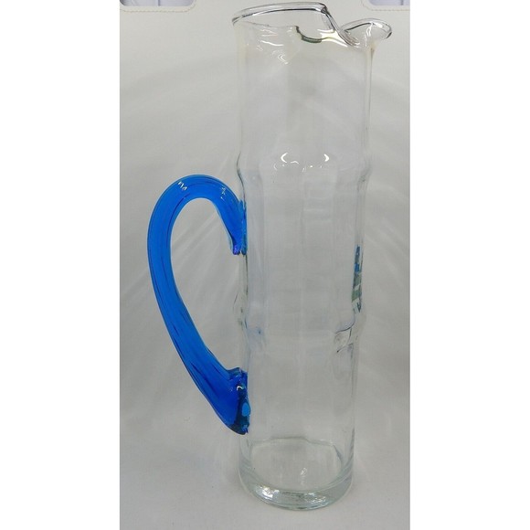 Bamboo Optic Paneled Clear Glass Cocktail Pitcher Blue Ribbed Handle - Picture 1 of 11